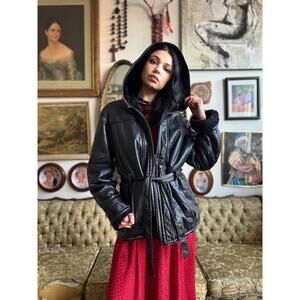Vintage Wilsons Leather Hooded Black Jacket w Faux Fur Lining Small